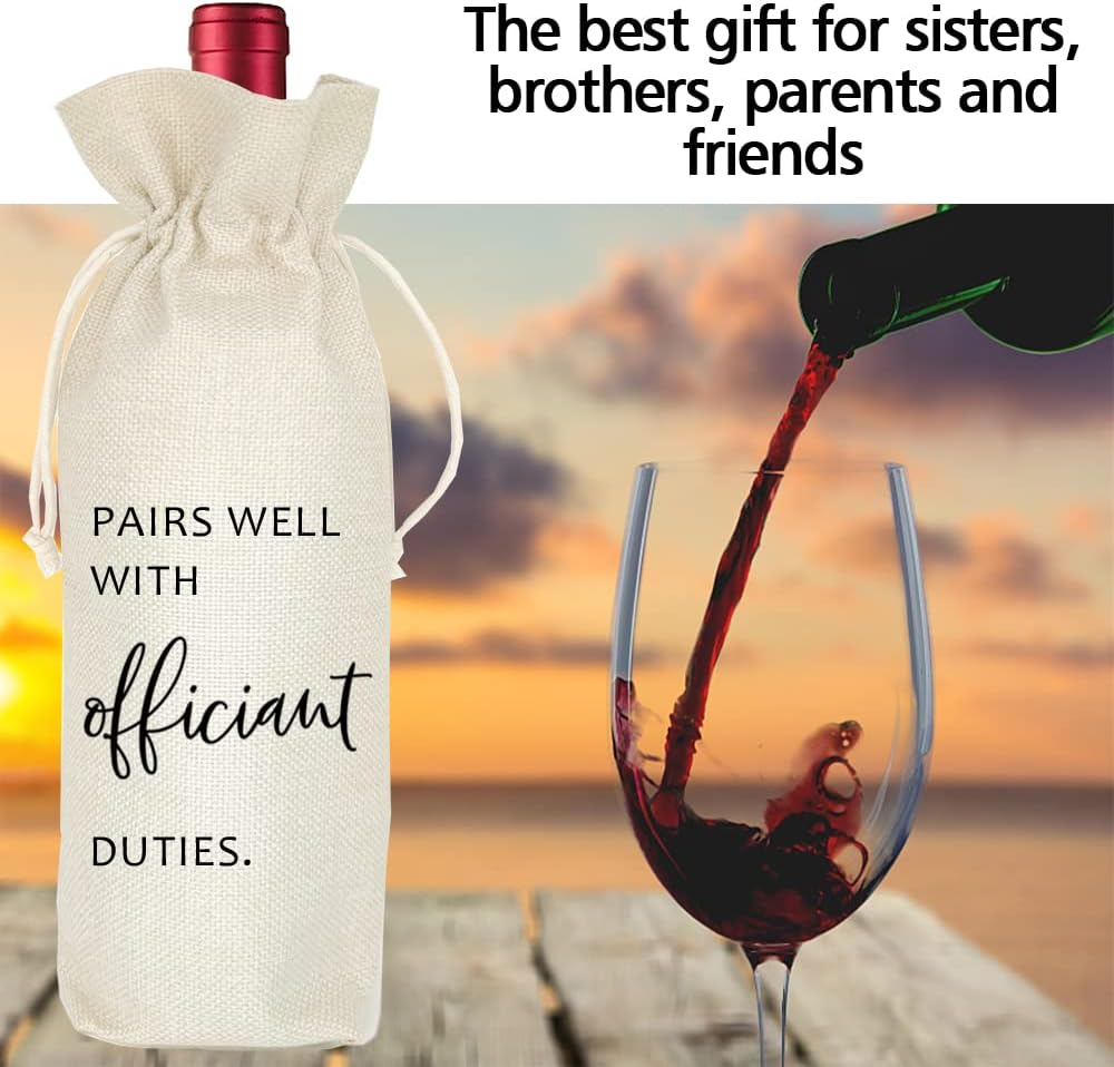 Socive Wedding Wine Bag, Officiant Wine Bag Gift, Officiant & Pastor Gifts, Burlap Drawstring Wine Bag