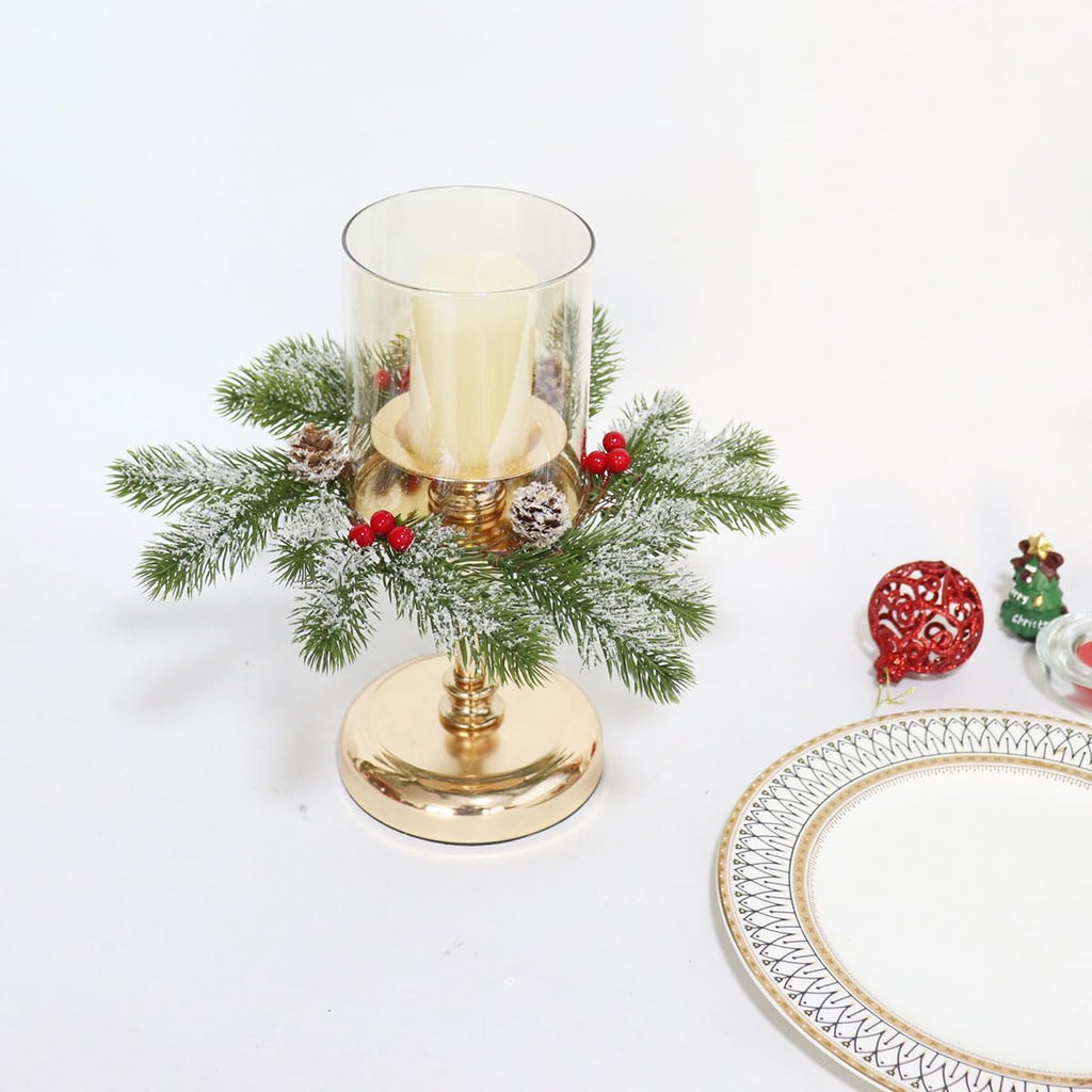 Skiennix Christmas Candle Rings - Frosted Pine Garland with Red Berries | 11 Inch Mini Wreaths for Table Centerpieces
