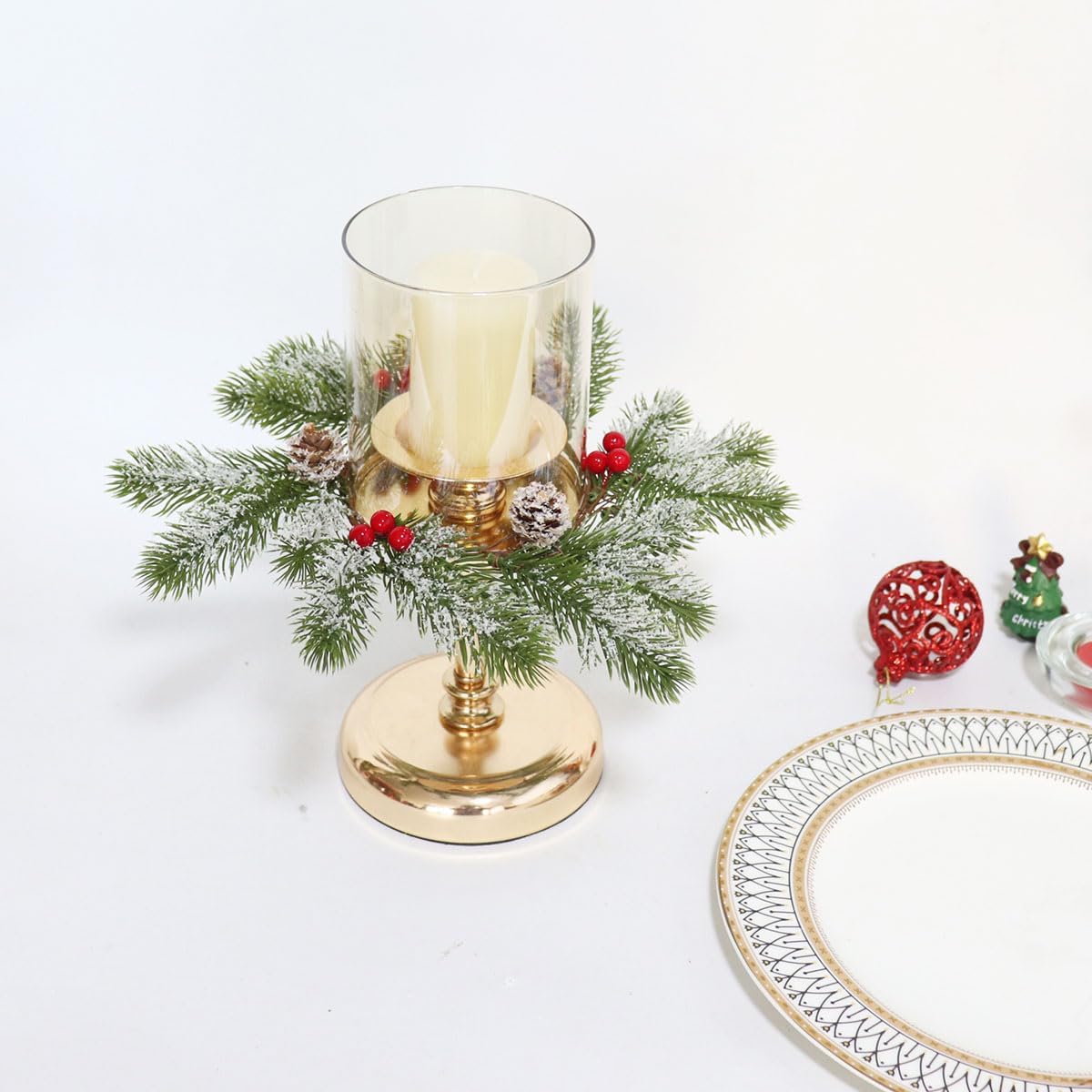 Skiennix Christmas Candle Rings - Frosted Pine Garland with Red Berries | 11 Inch Mini Wreaths for Table Centerpieces