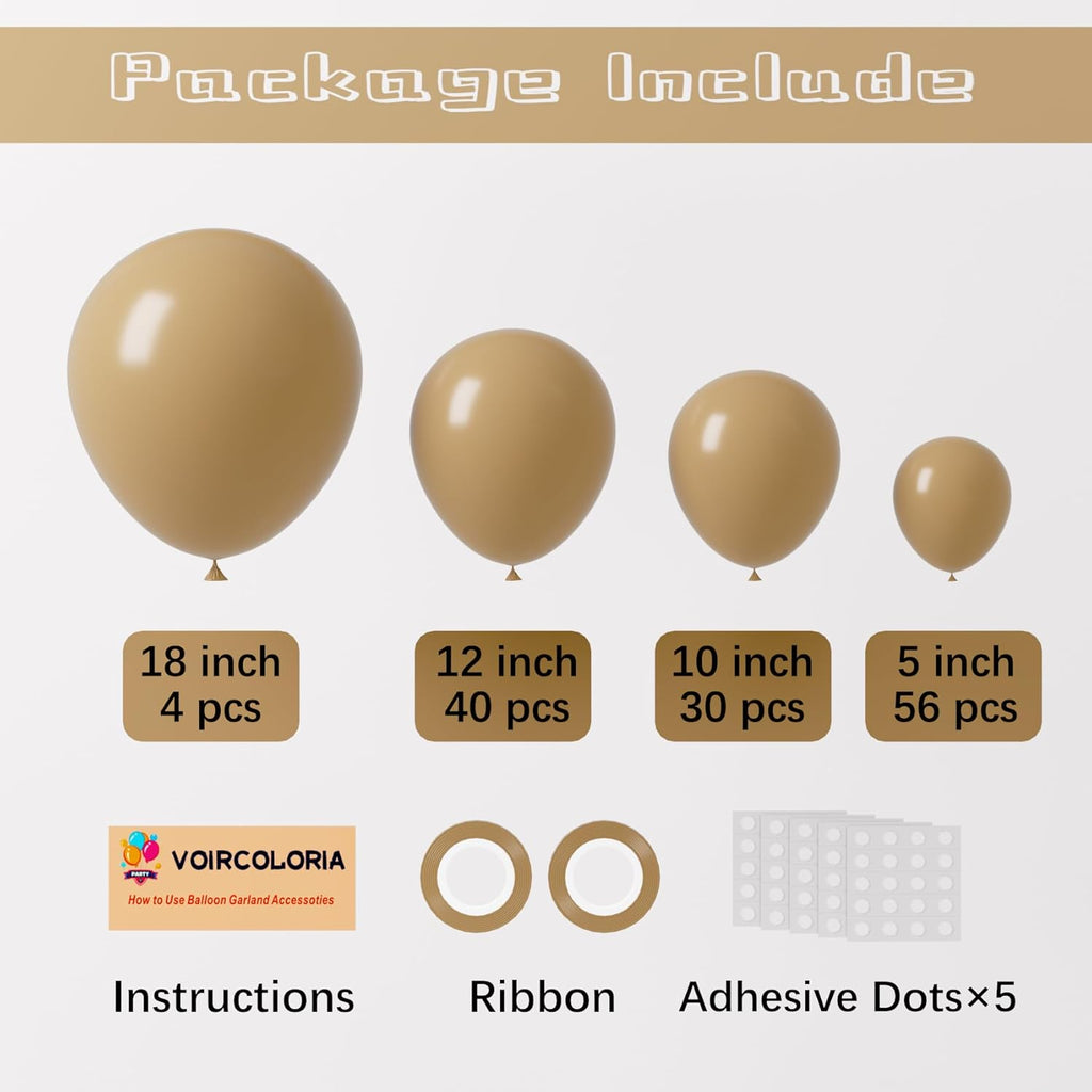 Voircoloria 130-Piece Light Brown Latex Balloon Garland Kit - Various Sizes for Birthday, Baby Shower, and Wedding Celebrations
