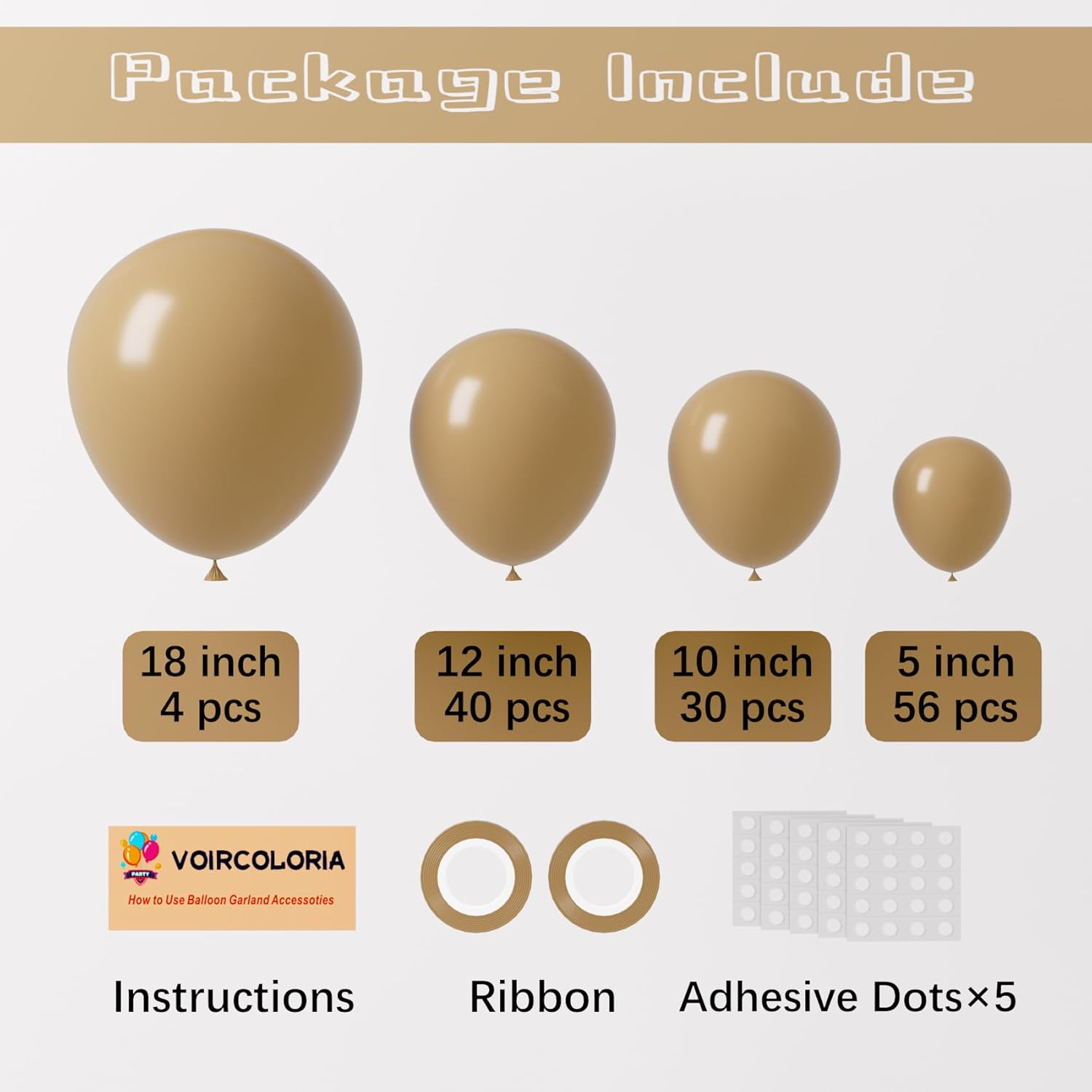 Voircoloria 130-Piece Light Brown Latex Balloon Garland Kit - Various Sizes for Birthday, Baby Shower, and Wedding Celebrations