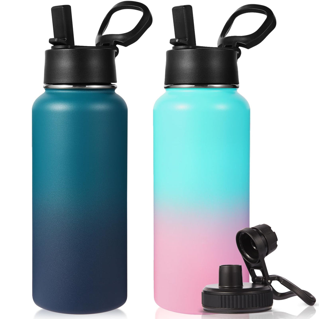 Neihepal 32 oz Insulated Water Bottles with 2 Lids (Straw & Spout Lid), 18/8 Stainless Steel Double Wall Water Bottle for Gym, Travel, Camping, Sports (Assorted,2 Pack)