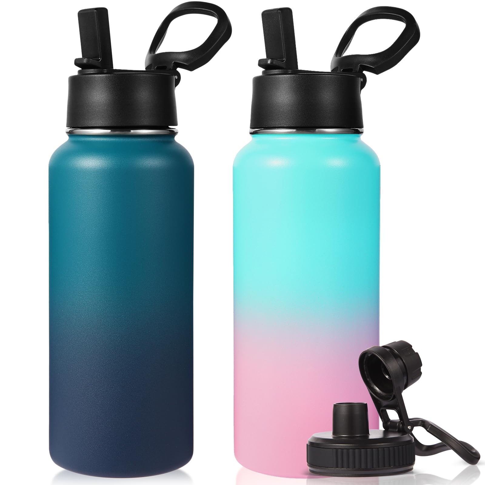Neihepal 32 oz Insulated Water Bottles with 2 Lids (Straw & Spout Lid), 18/8 Stainless Steel Double Wall Water Bottle for Gym, Travel, Camping, Sports (Assorted,2 Pack)