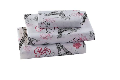 Kids Zone Home Collection Sheet Set Girls/Teens Paris Eiffel Tower Hearts Flowers White Pink Black Pink/White New # Flatscreen Paris (White, Twin)