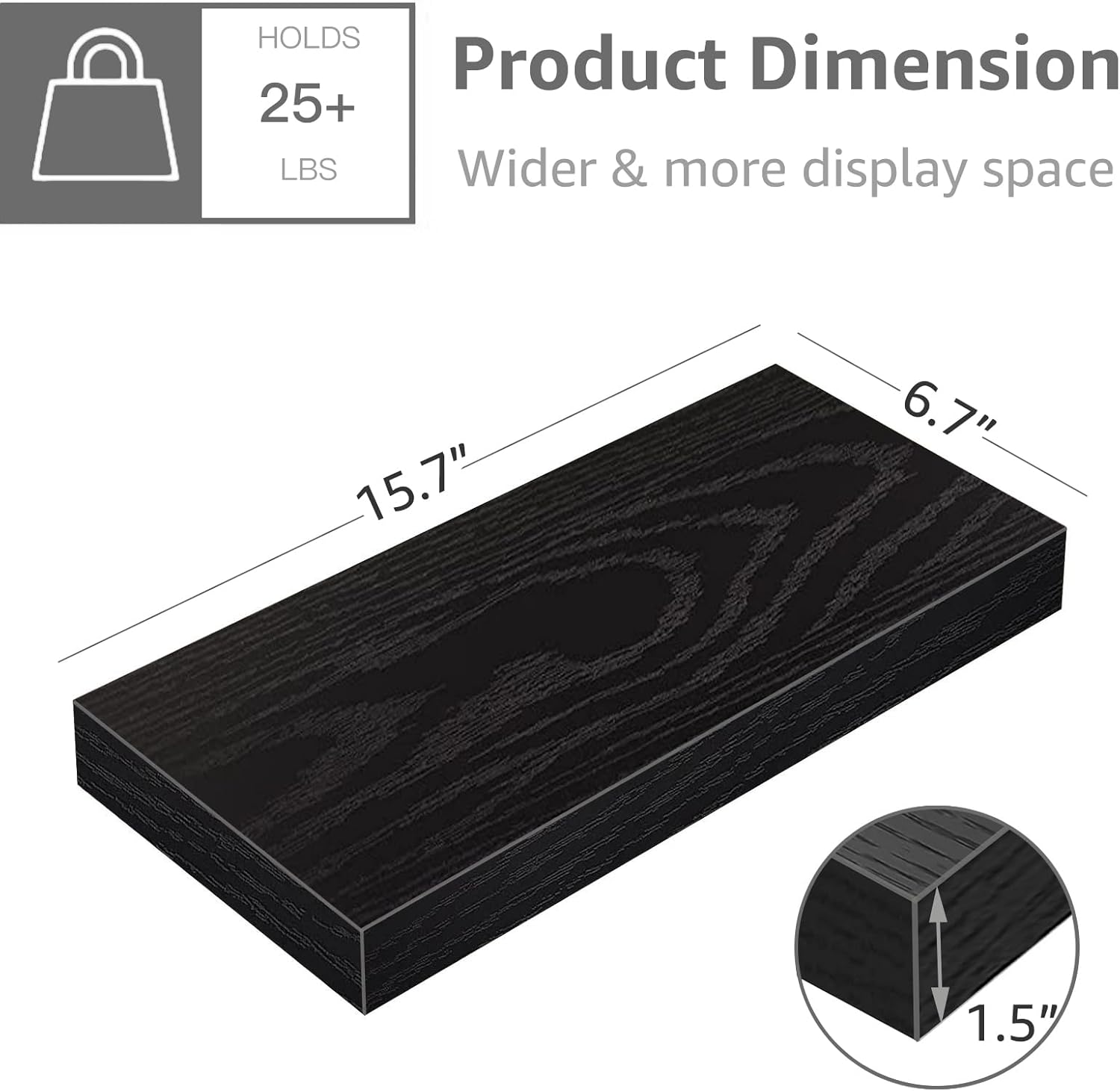 QEEIG Floating Shelves - Stylish Wall Storage for Bathroom, Bedroom & Kitchen - Set of 3, 16 Inch, Black