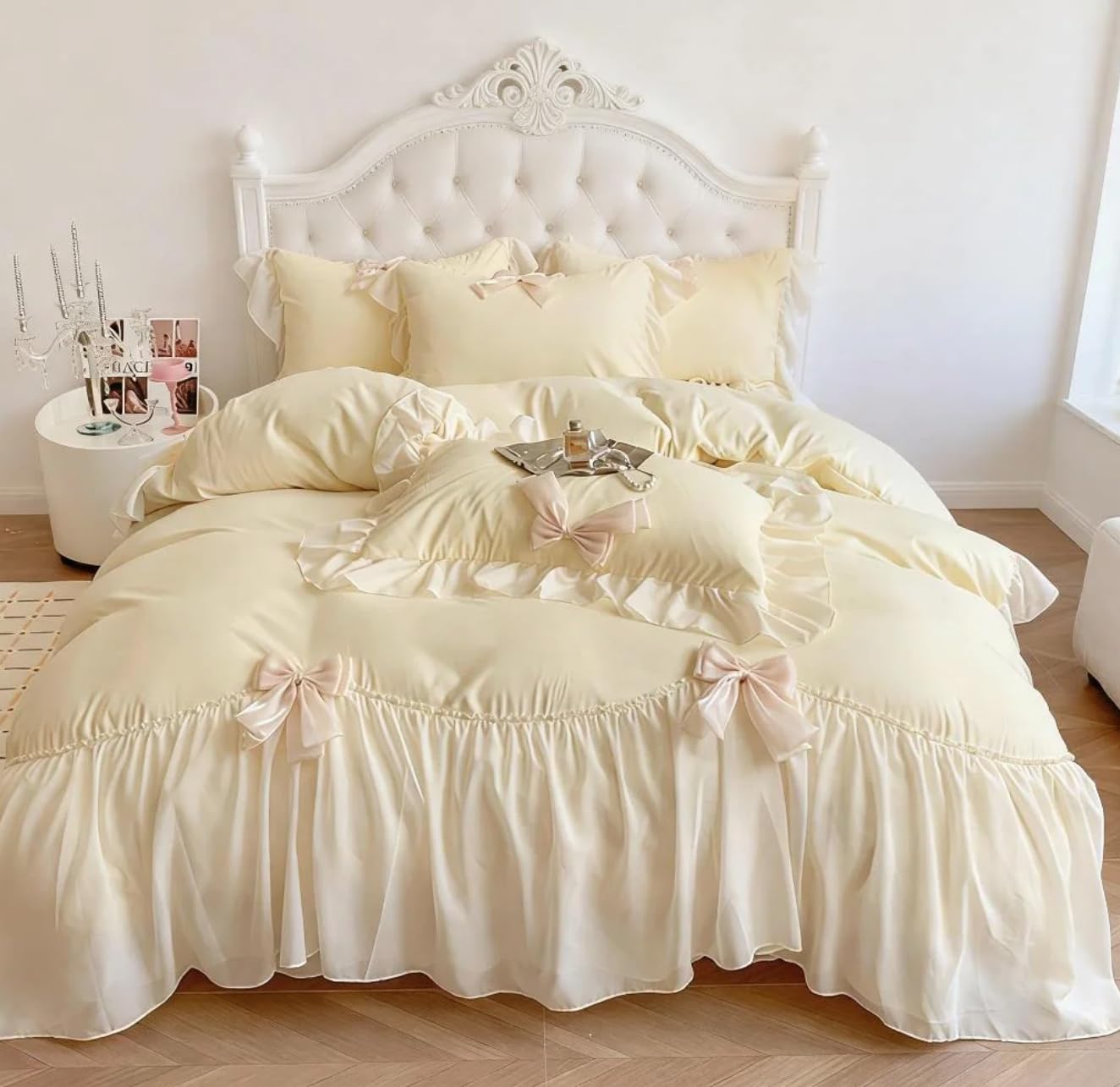 IHOUSTRIY Duvet Cover Twin Size, Ruffle Beddding Set with Bowtie, 2 Pieces Comforter Cover Set with Zipper Closure, Girl Princess Bedding with Pillowcase - Cream Yellow, Twin