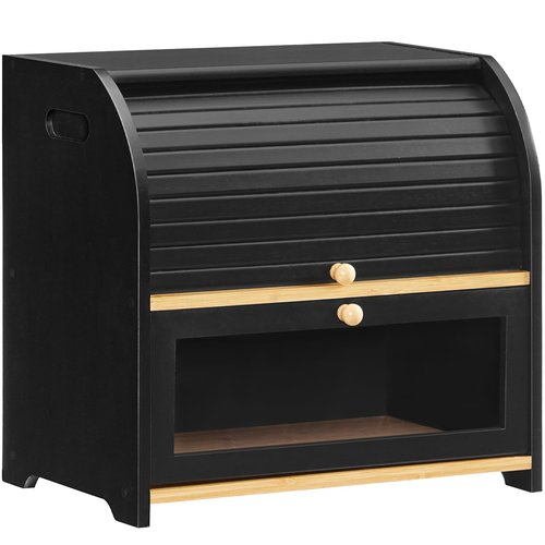 HOOBRO Bread Box, Bamboo Bread Box for Kitchen Countertop, 2 Tier Roll-Top Bread Bin, Food Storage Box, Large Capacity Keeper, Wooden Storage Cabinet, for Kitchen, Dining Room, Black BK13MB01