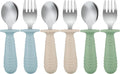 PandaEar Baby Toddler Utensils Set - 6-Piece Silicone & Stainless Steel Silverware | BPA-Free, Anti-Choke Design (Blue, Green, Beige)
