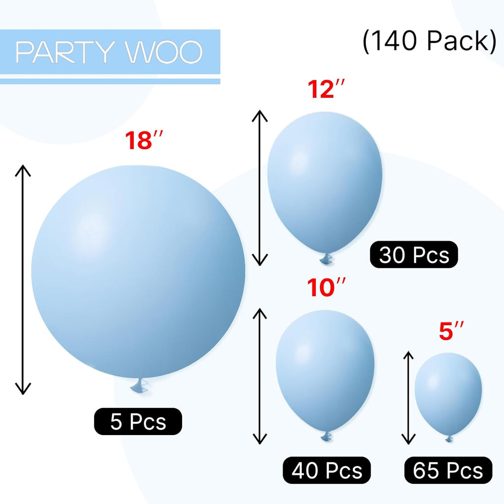 PartyWoo Light Blue Balloons - 140-Piece Pastel Balloon Arch Kit for Graduation & Baby Showers | 5-18 Inch Sizes