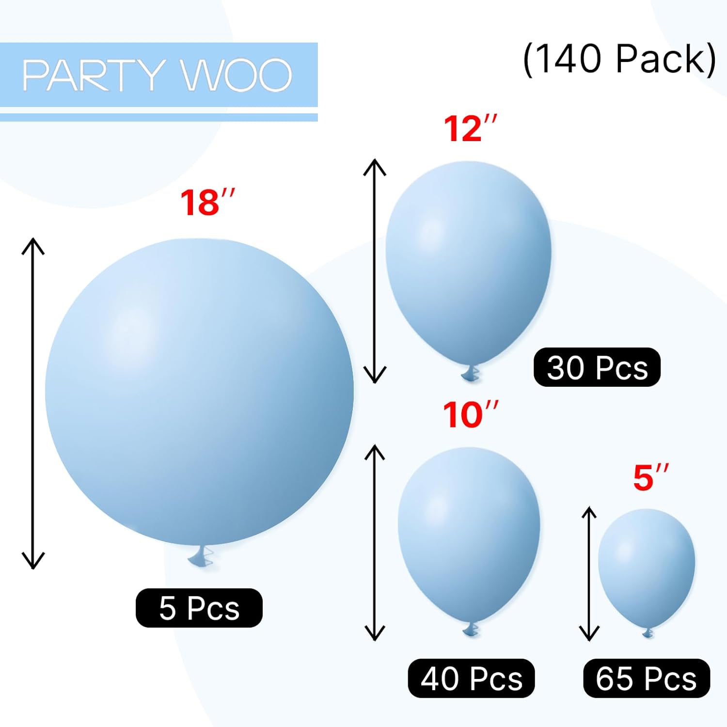 PartyWoo Light Blue Balloons - 140-Piece Pastel Balloon Arch Kit for Graduation & Baby Showers | 5-18 Inch Sizes