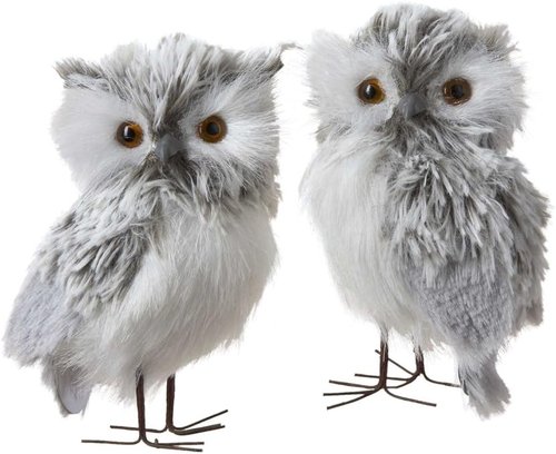 Kurt Adler 5-Inch Furry Gray Owl Figurines - Set of 2 Adorable Home Decor Accents