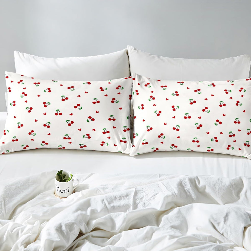 Feelyou Kids Red Cherry Sheet Set Queen Size, Cherry Pattern Bed Sheets Set Boys Girls Cute Fruit Sheets with Deep Pocket Fitted Sheet Kawaii Cartoon Fruit Bedding Set with 2 Pillow Case