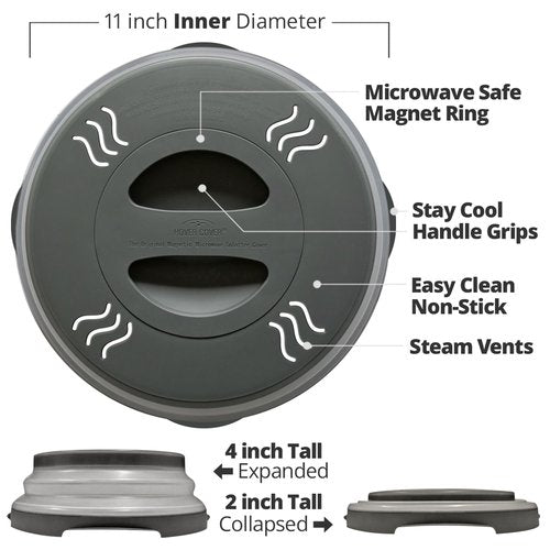 HOVER COVER 2 PACK Magnetic Microwave Splatter Cover with High Power, Strongest Magnetic Grip, Collapsible 12-Inch BPA-Free Food Lid, Vented Plate Guard, Dishwasher Safe, Space-Saving Storage - Gray