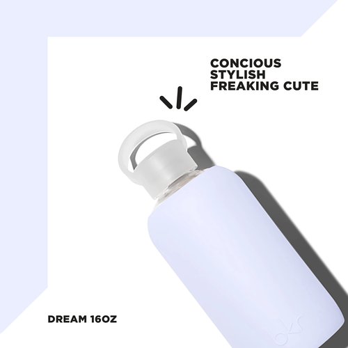 bkr - Little Smooth - Reusable Glass Water Bottle - 16oz - Fits in Cup Holder - Leakproof, Travel Friendly - BPA Free, Dishwasher Safe - Removable Silicone Sleeve & Carrying Loop - Dream