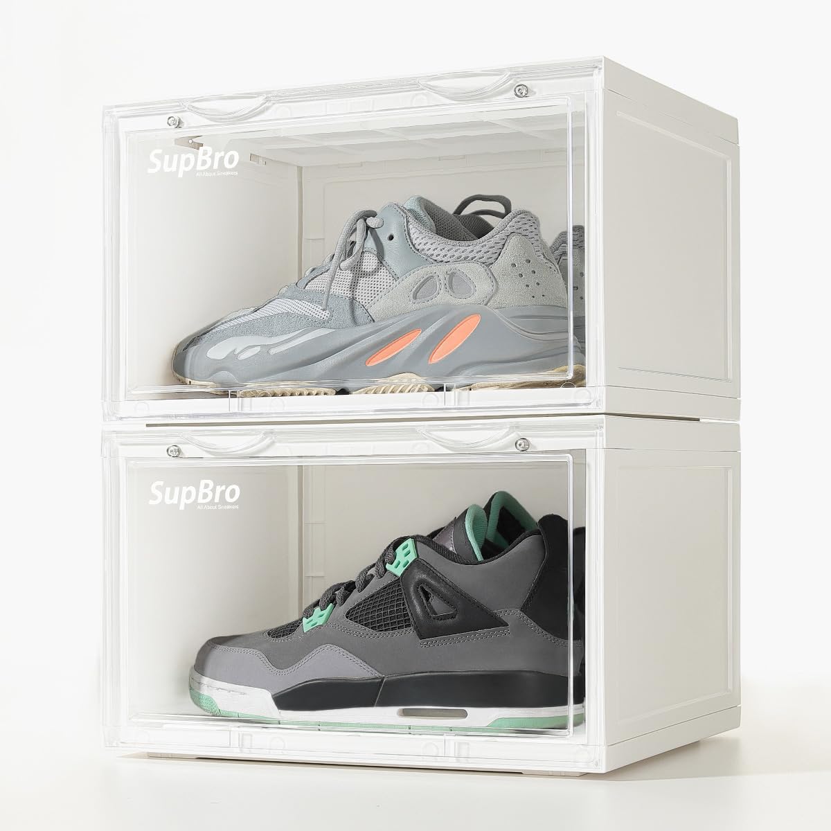 SupBro Collection Crate - Easy Access Storage Shoes Box -Plastic Foldable Stackable Sneaker Display Storage with Clear Side Open Door Organizer-2 Pack(White)