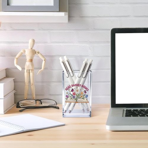 Vgrti Read Books Acrylic Pencil Pen Holder Cup, Floral Reading Bookmark Holder for Book Club Library Bookshelf Desk Decor, Book Lover Gifts for Women Men Teens Teachers Bookworms Librarians Readers