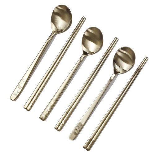 BALWOO [5 Sets] [Made in Korea] Korean Sticky Rice Spoon Chopsticks Set Gold Titanium Plating 304 Stainless Steel Tableware Cutlery Set Mukbang Chopsticks (Korean Apricot Blossom TITANIUM, 5 Sets)