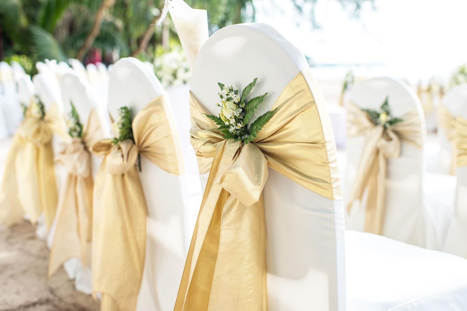 Skiennix Wedding Satin Gold Chair Sashes - 50 Pack Fitted Ribbons for Parties & Events | 7x108 Inches