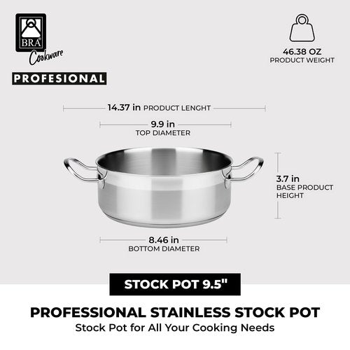 BRA COOKWARE Profesional 18/10 Stainless Steel Stock Pot w/Glass Lid | 9.5 Inch 4 Quart Professional Cooking Pot | 5.5mm Thick Base | PFOA Free Deep Pot | All Cooktops | All Cooktops & Oven Safe