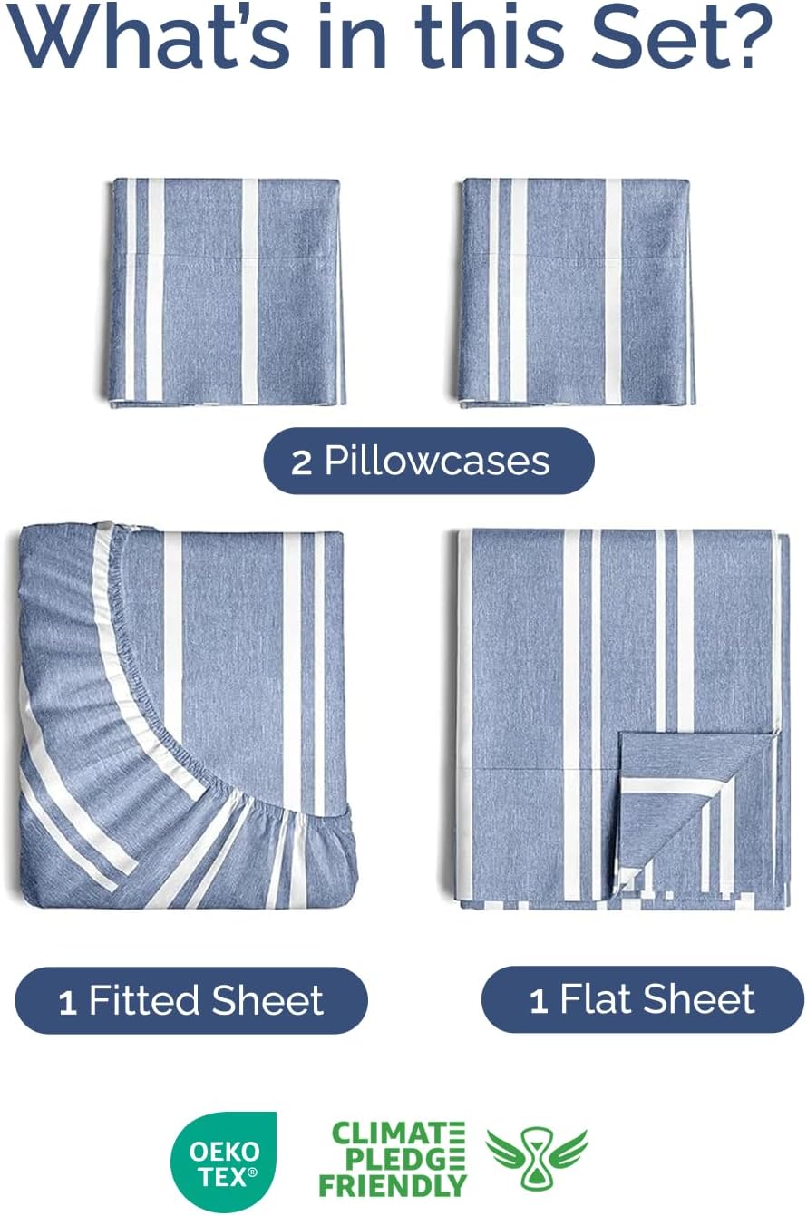 Skiennix Extra Deep Twin XL Sheet Set | 4-Piece Breathable Cooling Bedding - Soft, Wrinkle-Free - Blue Stripes