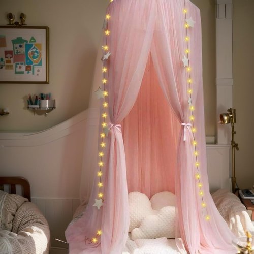 Anmas Home Bed Canopy Mosquito Net with Star Lights，Princess Play Canopy for Girls Room - Dome Net Curtains for Baby Game Dream Castle, Girls Room Decor, Pink