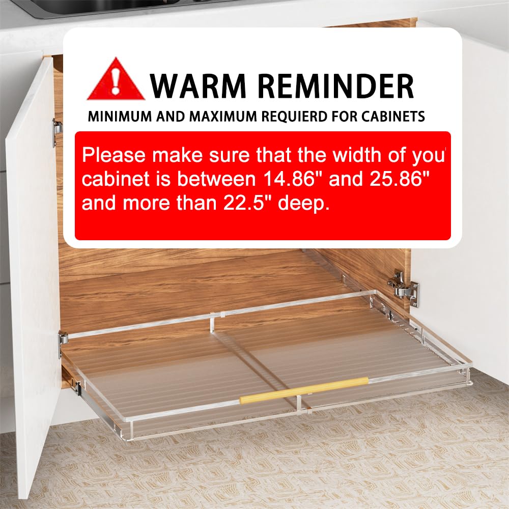 SANNO Chrome Expandable Pull Out Kitchen Cabinet Organizer, 14"-25" Width, 22.24" Depth, 2.7" Height, 2 Shelves, Modern Style, Bottom-Mounted, Easy Install, Kitchen Use