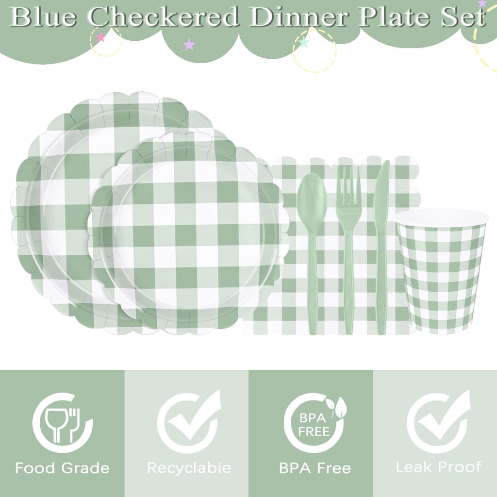 175 PCS Sage Green Gingham Plates and Napkins, Green Checkered Disposable Plates Set with Napkins Cups Plastic Spoons Forks Knives for Dinner Birthday Baby Shower Wedding Supplies Serve 25 Guests