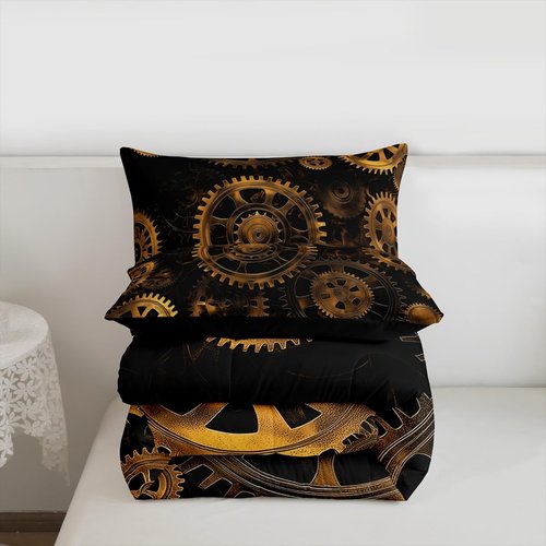 Golden Ndustrial Gear Comforter Set Twin Size Steampunk Style Bedding Set Clocks Theme Bedding Sets & Collections For Kids Boys Teens Men Mechanical Device Quilt Set,Retro Style Bedroom Decor
