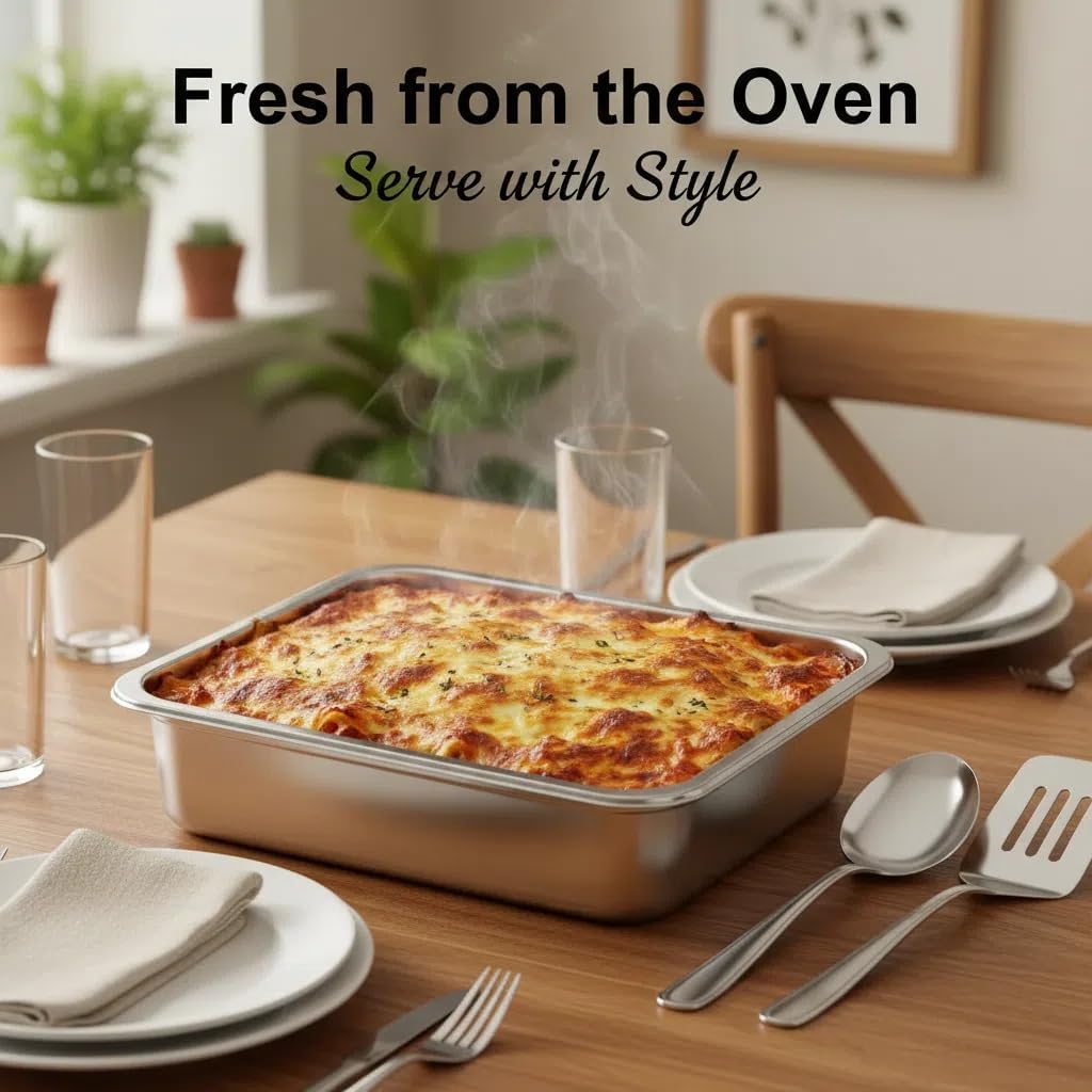 Regine Switzerland 4-Inch Deep Lasagna Pan - 2-Pack Stainless Steel Baking Dish with Lid | 7.4QT Oven Roasting Pans