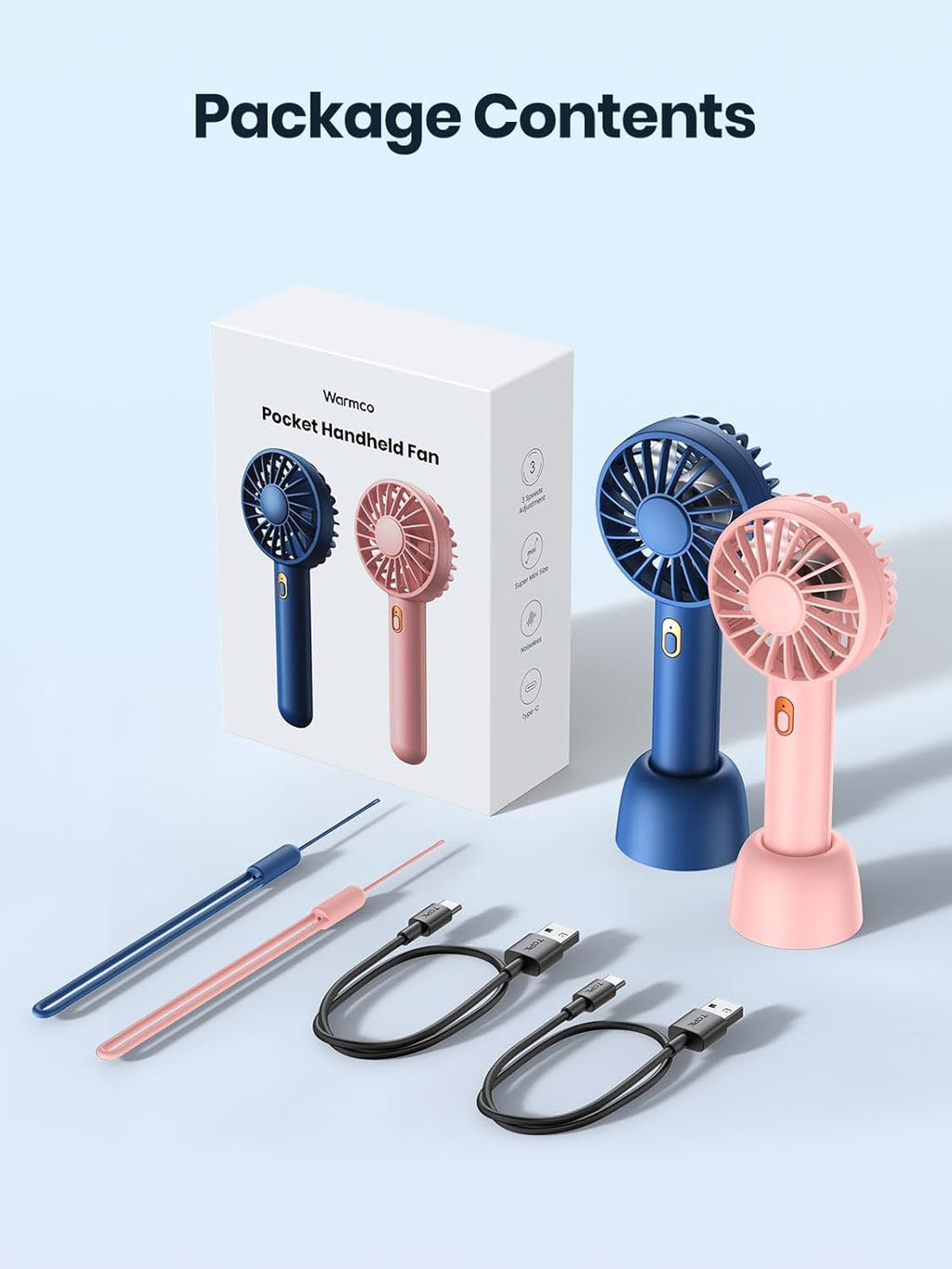 Warmco Mini Portable Fan 2-Pack | 3-Speed Rechargeable Handheld & Desk Fans for Travel, Makeup, Summer (Blue & Pink)