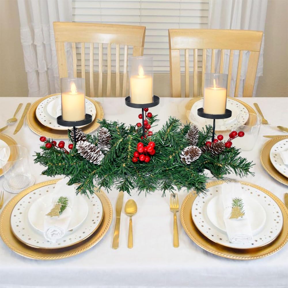 Regine Switzerland Christmas Table Centerpiece - 21.7" Candle Holders with Iron Trays & Red Berries | Holiday Home Decor