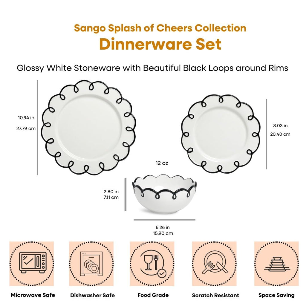 Sango 12-Piece Earthenware Dinnerware Set for 4, Glossy White Plates and Bowls Sets with Black Scalloped Rims, Premium Dish Set, Dishes for Hosting Parties, Birthday & Wedding Gifts, Splash of Cheers