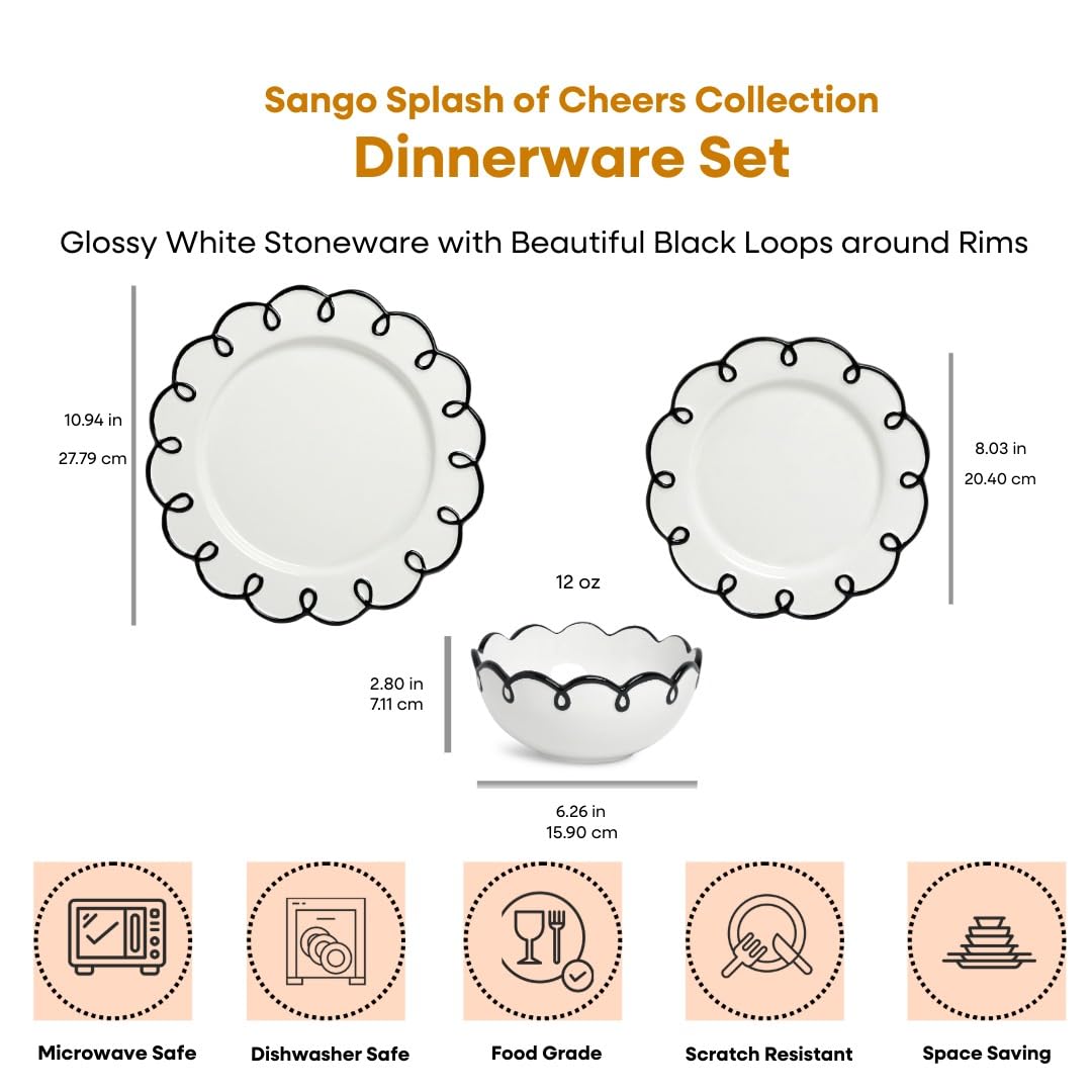 Sango 12-Piece Earthenware Dinnerware Set for 4, Glossy White Plates and Bowls Sets with Black Scalloped Rims, Premium Dish Set, Dishes for Hosting Parties, Birthday & Wedding Gifts, Splash of Cheers
