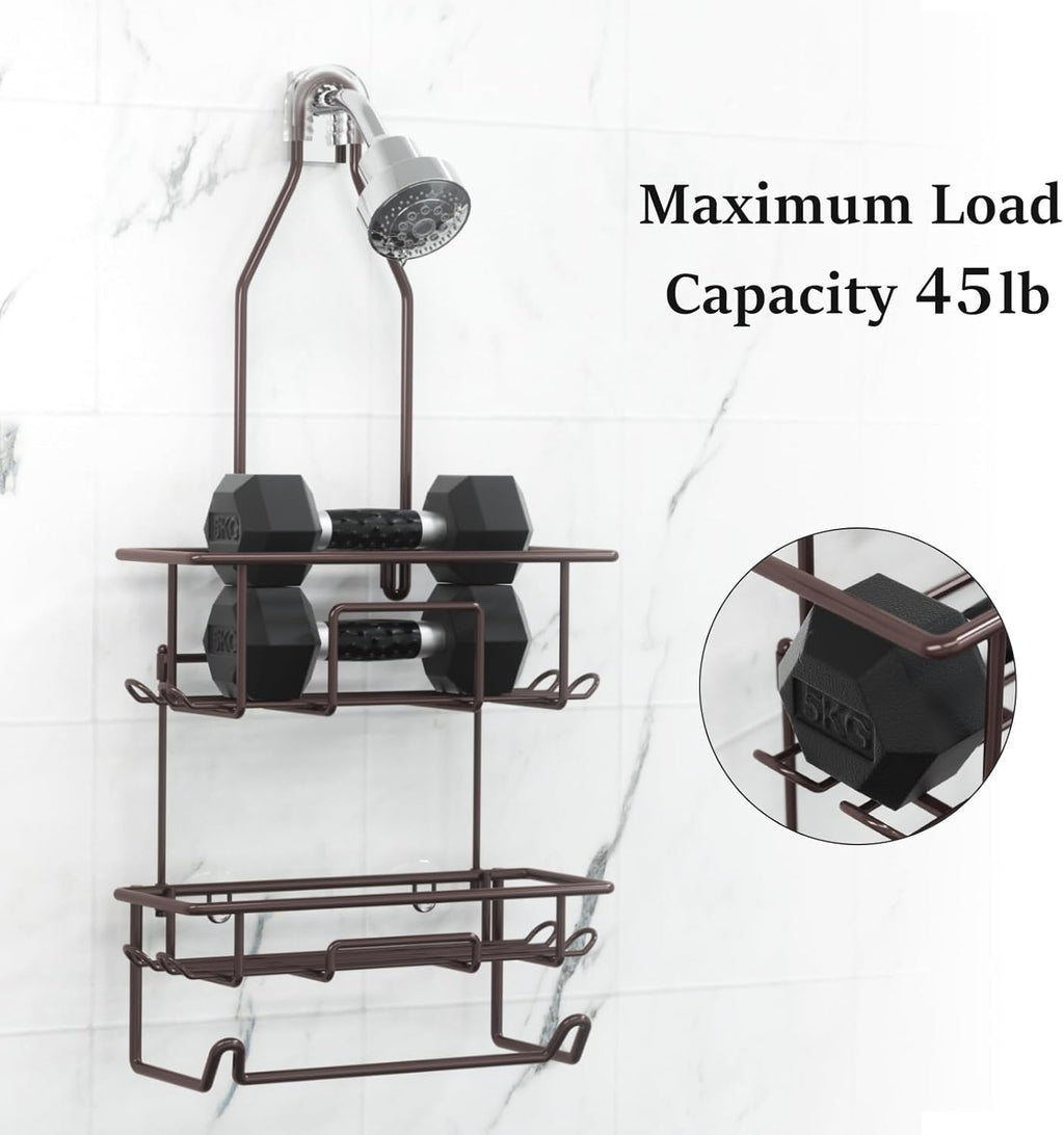 Rustic Bronze Shower Caddy by [Brand Name] - Overhead Organizer with 10 Hooks & Towel Bar