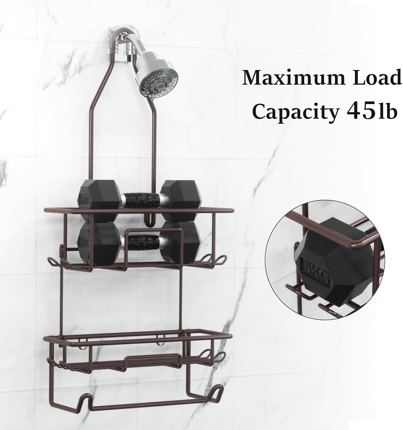 Rustic Bronze Shower Caddy by [Brand Name] - Overhead Organizer with 10 Hooks & Towel Bar