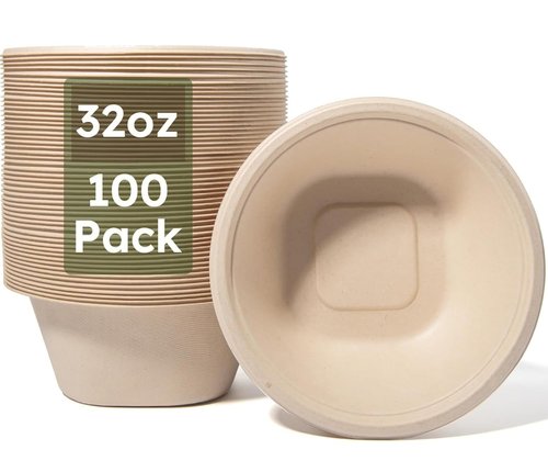 JYTIDYRA Paper Bowls, 32 Oz Disposable Bowls [100 Pack] Heavy Duty Compostable Deep Disposable Soup Bowls, Eco-friendly Biodegradable Bagasse Hot Cold Microwavable Bowls for Salad, Cereals, Dessert