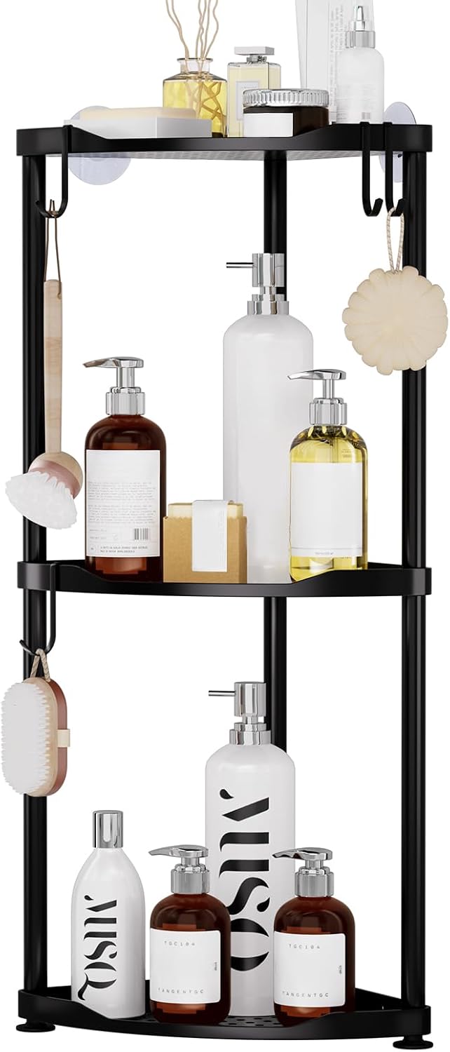 SWTYMIKI Corner Shower Caddy - 3-Tier Stainless Steel Organizer Stand with Hooks | Rustproof Bathroom Storage, Black