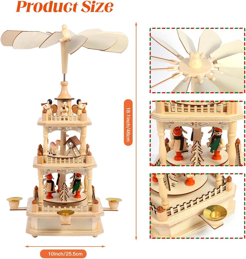 Rotating Christmas Pyramids - 18-Inch Wood Nativity Scene Set with 4 Candle Holders | 3-Tier Carousel