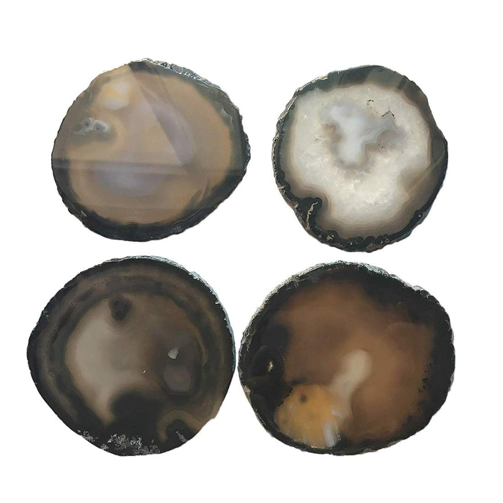 JIC Gem 3.5-4'' Natural Agate Coasters Dyed Black Sliced Geode Polished for Coffee Cup Home Decoration with Rubber Bumpers Home Decoration Set of 4