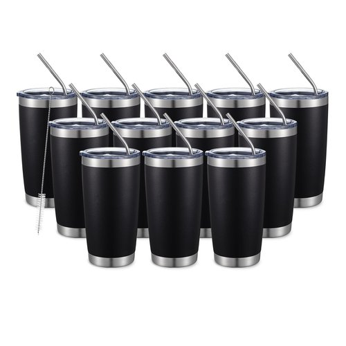 COMOOO 20oz Double Wall Vacuum Insulated Travel Mug, Stainless Steel Tumbler with Lid and Straw Durable Powder Coated Insulated Coffee Cup for Cold & Hot Drinks (Black, 12 pack