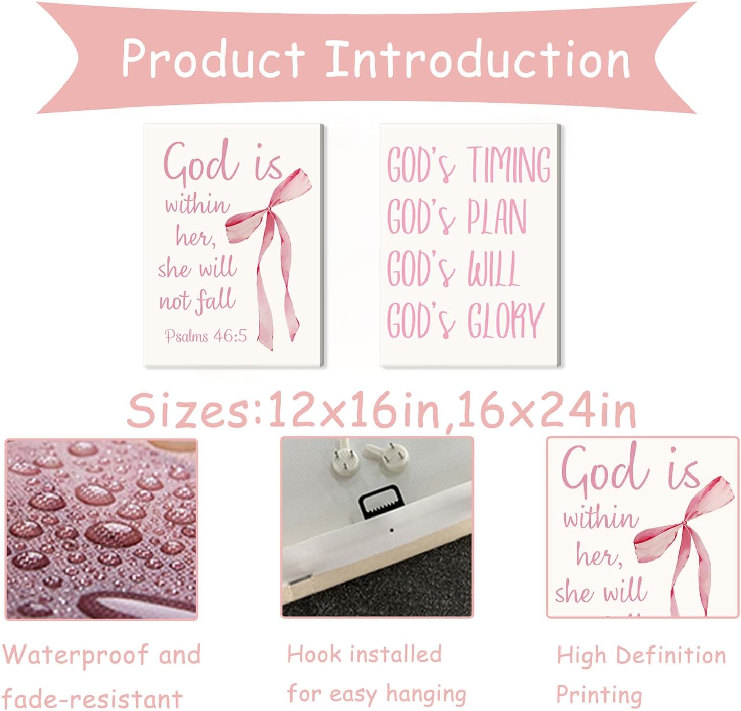 Coquette Pink Bow Canvas Wall Art - Inspirational Bible Verses for Girls' Room Decor | 12"x16" Framed Print