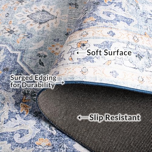SAFAVIEH Washable Rug Tucson Collection - 4' Square, Light Blue & Blue, Slip Resistant & Easy to Clean, Ideal for Foyer, Kitchen, Nursery, Office, Bedroom (TSN118L)