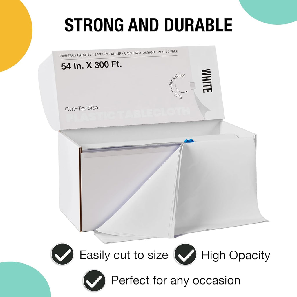 Party Solids White Plastic Table Cover Roll - 54 Inch X 300 Feet with Slide Cutter for Easy Cutting