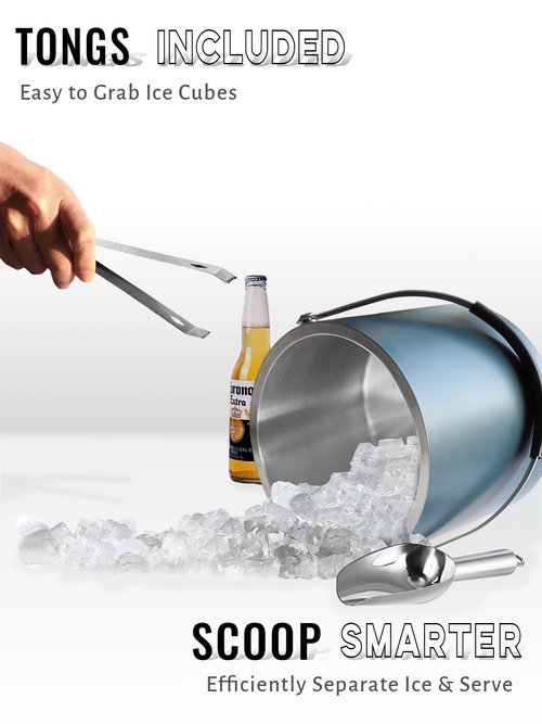 Bakpoco 4L Ice Bucket with Silicone Lid, Scoop, Tongs & Strainer, Stainless Steel Double Wall Insulated Ice Buckets for Parties & Cocktail Bar, Outdoor Champagne Ice Container Bin, Navy