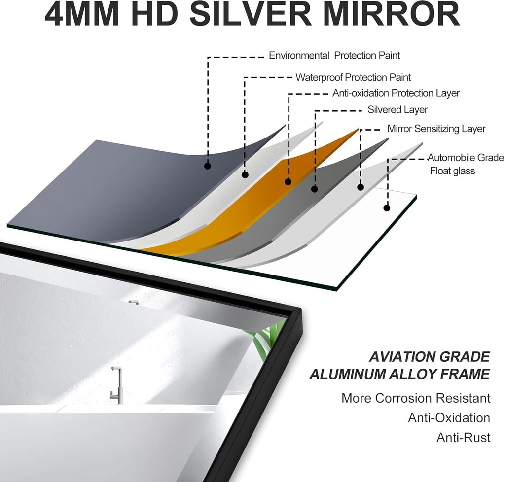 LEDLUX 24x32 Inch Black Bathroom Mirror - Copper-Free Mirror, Metal Frame Vanity Rectangle Wall Mounted Modern Mirror for Bedroom/Living Room/Porch Horizontal or Vertical