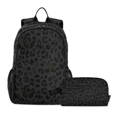 SUABO Backpack Lunch Bag Set for Boys Girls, Black Leopard Middle-School Elementary Bookbags, 2Pcs School Bag with Lunch Bag