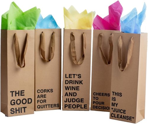 MilkToast Brands Set of 5 Funny Wine Gift Bags for Liquor & Wine Bottles - Reusable Wine Bags for Mother's Day, Birthdays, & Holidays - Sturdy Kraft Alcohol Gift Bag with Handles - 4.7″ x 3.5″ x 14″ Size