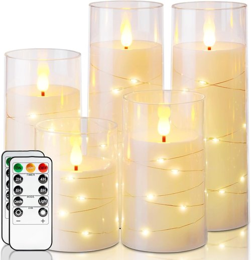 Homemory Flameless Candles - Battery Operated LED Candles with Fairy Lights & Remote Control | Ivory Set of 5 (5" 6" 8" 8")