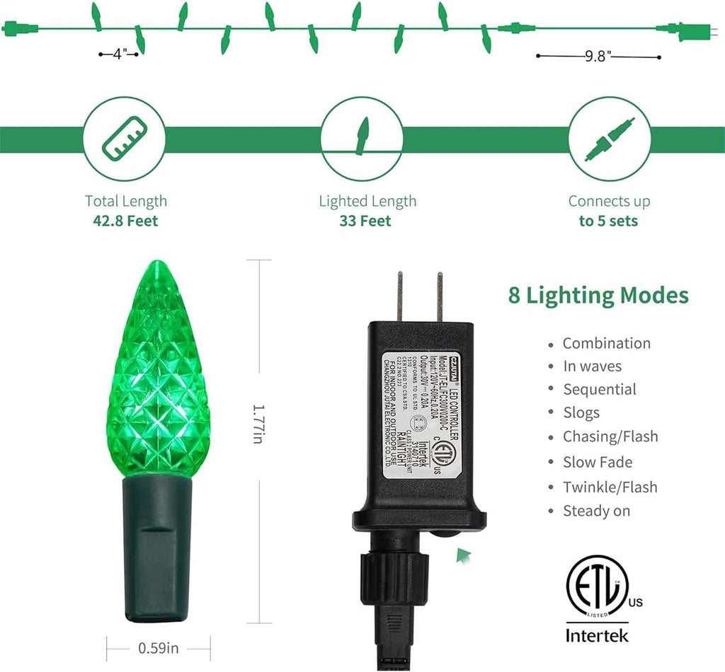 WATERGLIDE C6 100 LED Christmas String Lights - 33ft Waterproof Fairy Lights for Indoor/Outdoor Decor | Red & Green