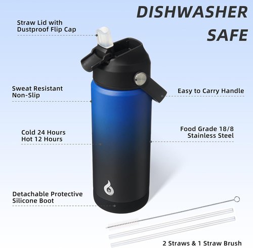 BJPKPK Insulated Water Bottle - 18oz BPA-Free Stainless Steel with Straw Lid & Flex Handle | Black/Blue